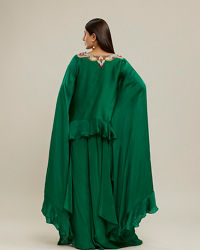 Twamev Women Emerald Green Silk Neck Embroidered Ruffle Cape Top With Draped Skirt