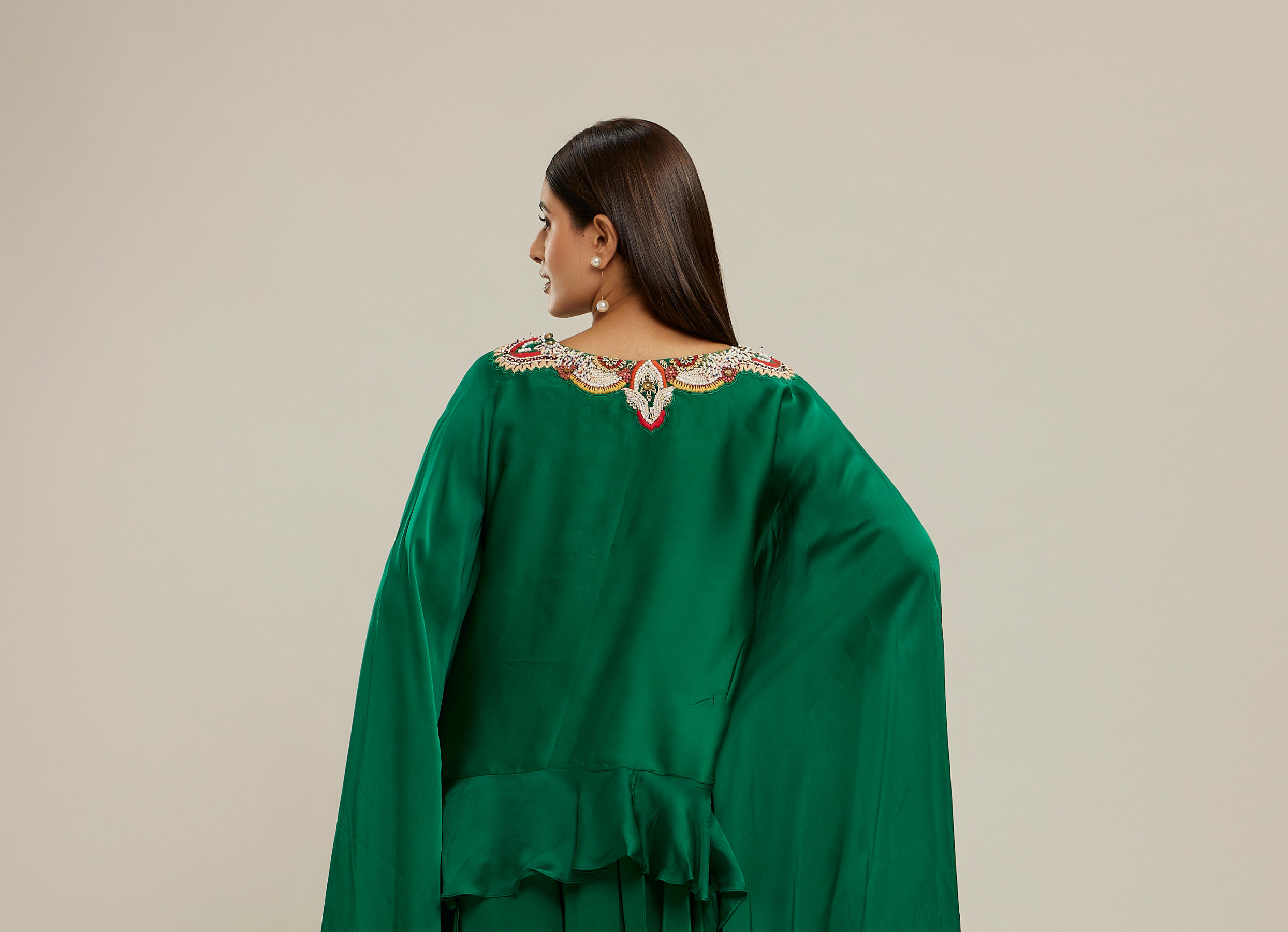 Twamev Women Emerald Green Silk Neck Embroidered Ruffle Cape Top With Draped Skirt