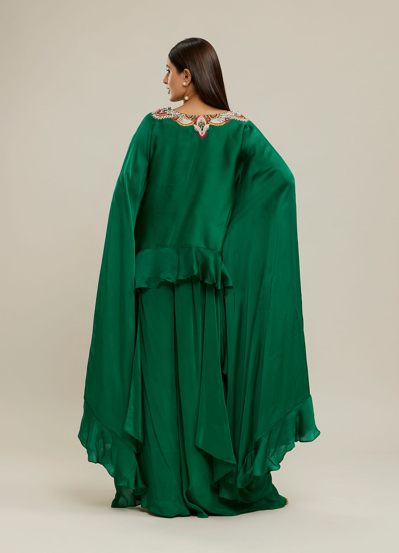Twamev Women Emerald Green Silk Neck Embroidered Ruffle Cape Top With Draped Skirt