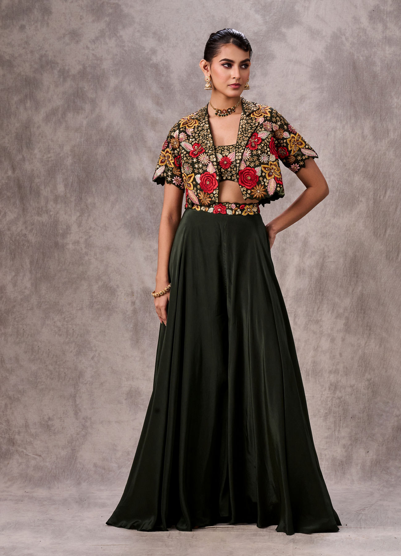 Buy Bottle Green Silk Zardosi Embroidered Bolero Top With Palazzo Online in  the USA @Twamev - Indo western dress for women for Women