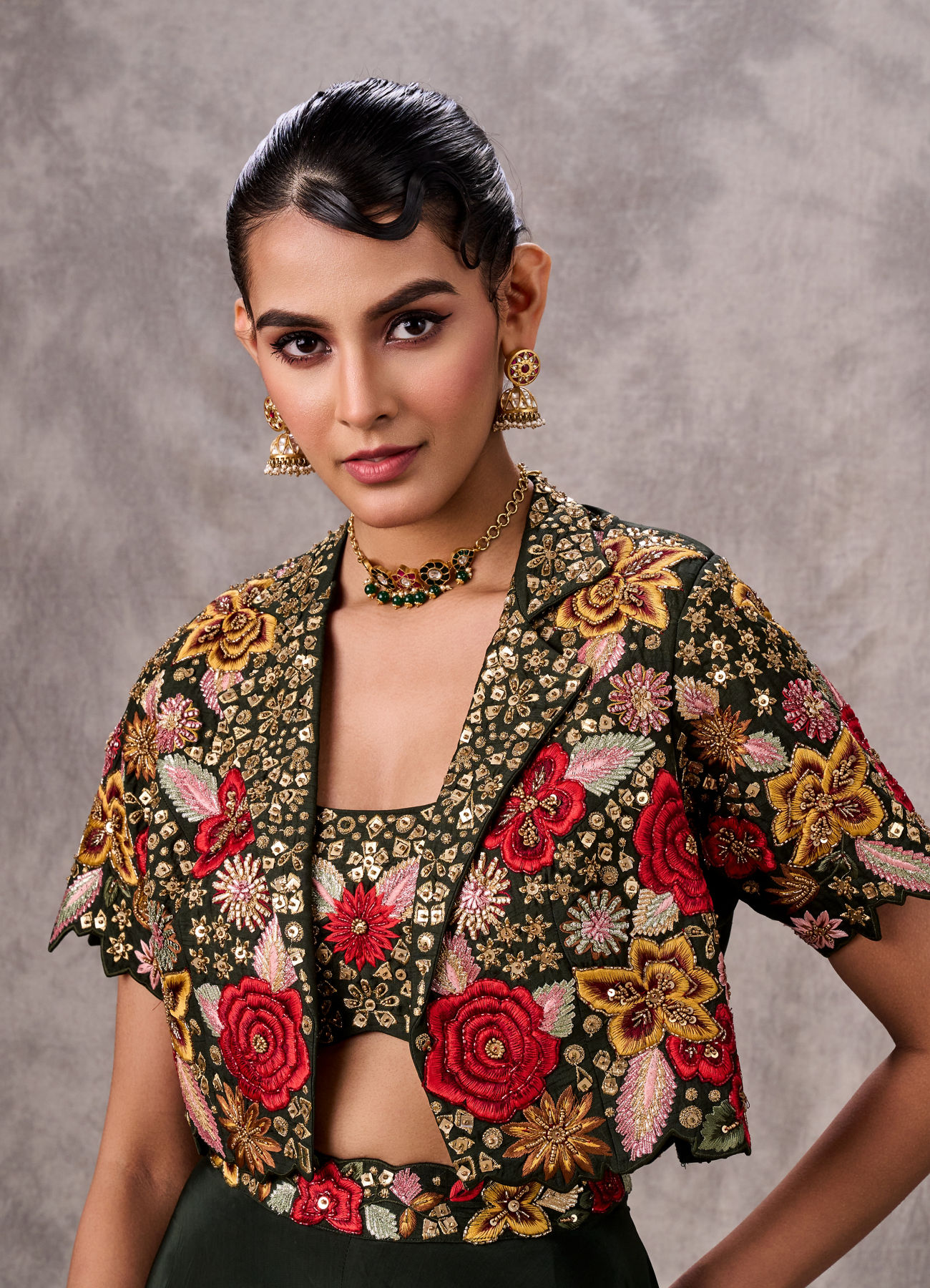 Buy Bottle Green Silk Zardosi Embroidered Bolero Top With Palazzo 