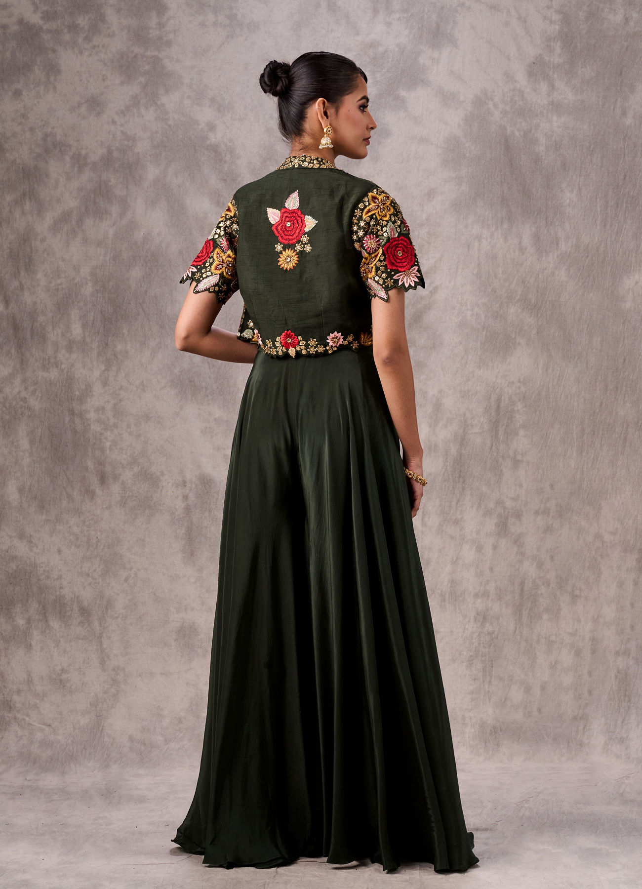 Buy Bottle Green Silk Zardosi Embroidered Bolero Top With Palazzo Online in  Canada @Twamev - Indo western dress for women for Women