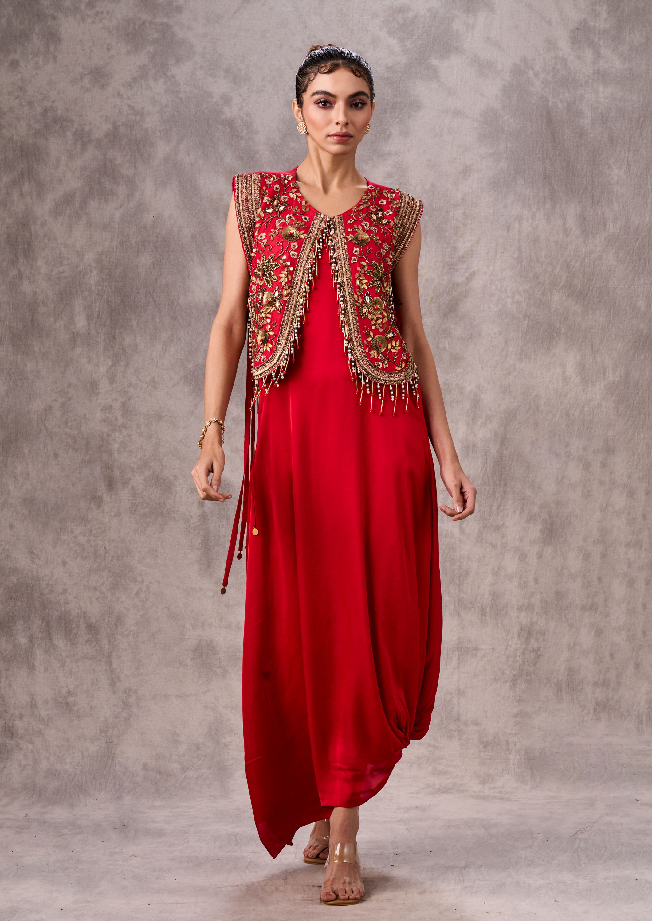 Twamev Women Verdant Red Satin Indo Western