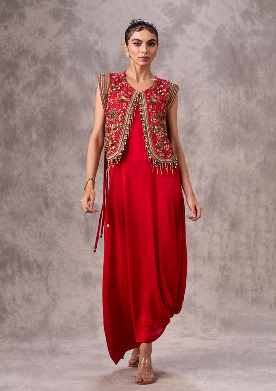 Twamev Women Verdant Red Satin Indo Western