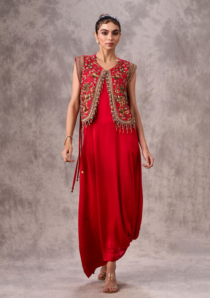 Twamev Women Verdant Red Satin Indo Western