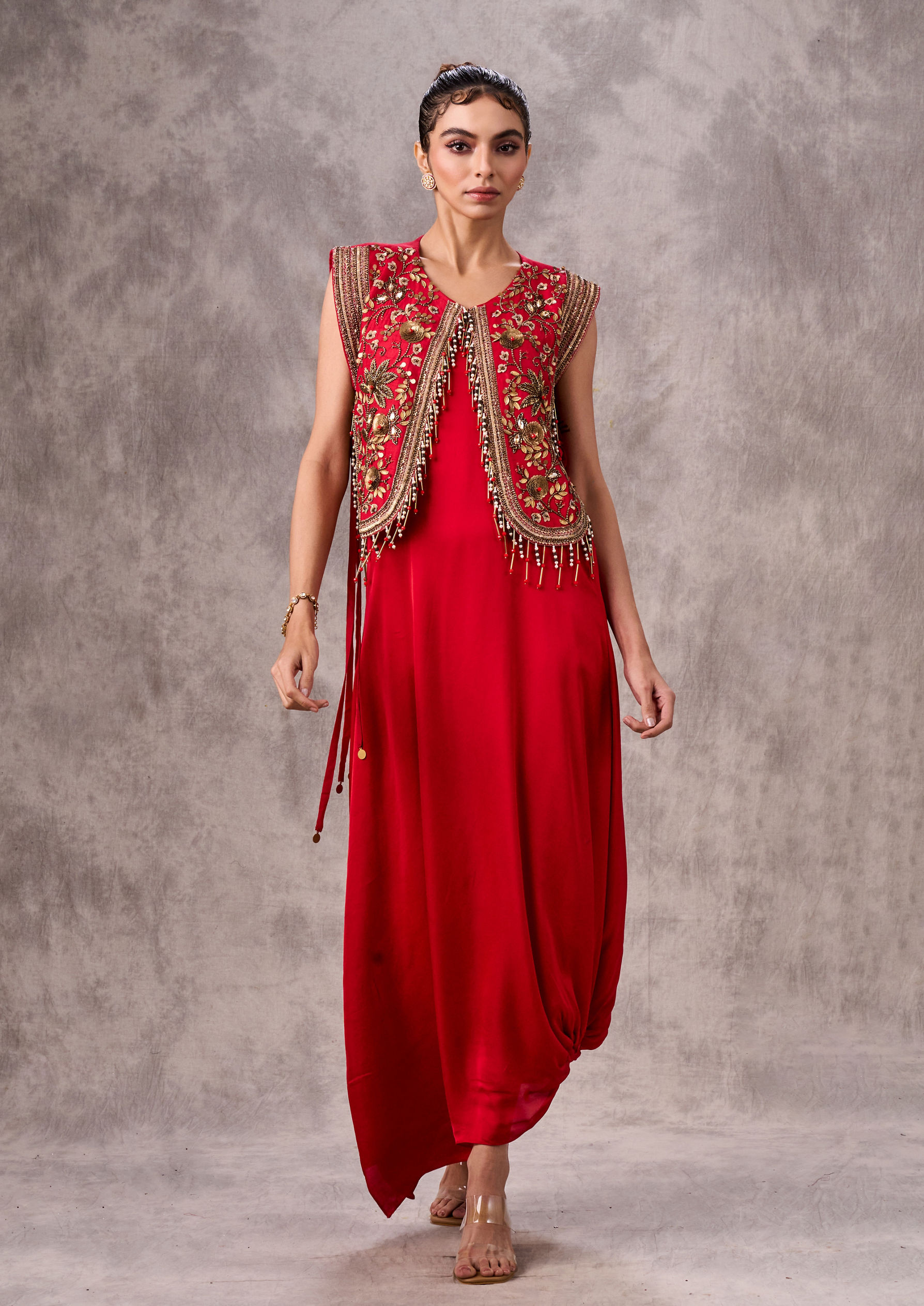 Twamev Women Verdant Red Satin Indo Western