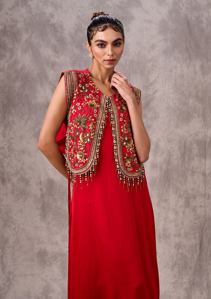 Twamev Women Verdant Red Satin Indo Western