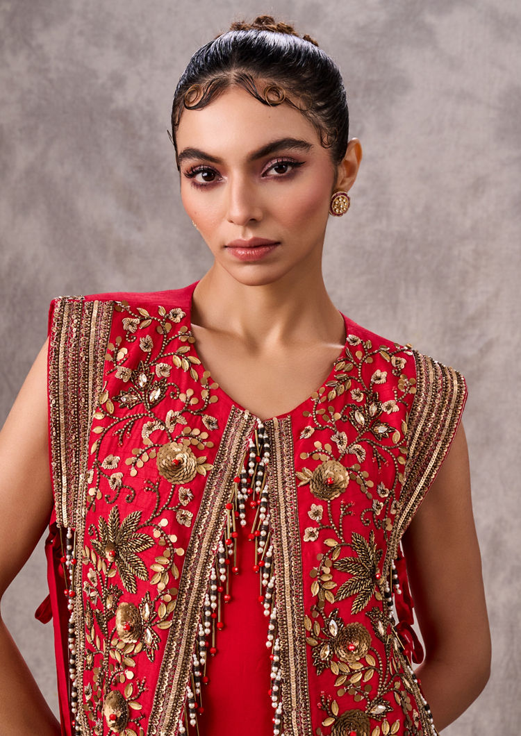 Twamev Women Verdant Red Satin Indo Western