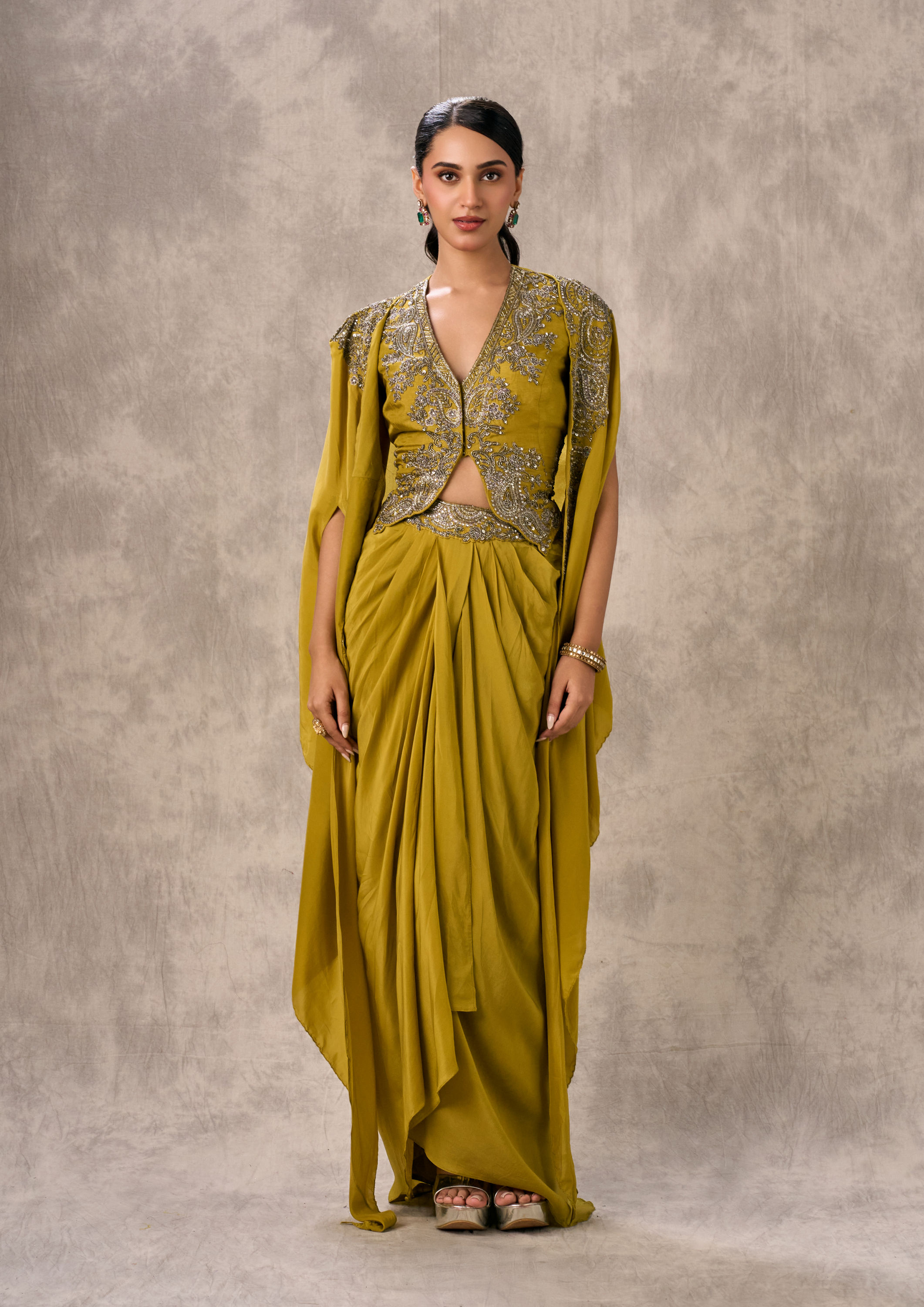 Twamev Women Green Satin Ensemble Indo Western