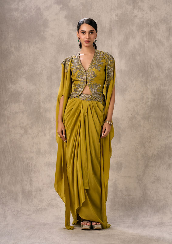 Twamev Women Green Satin Ensemble Indo Western