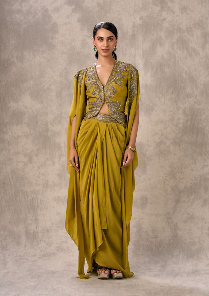Twamev Women Green Satin Ensemble Indo Western