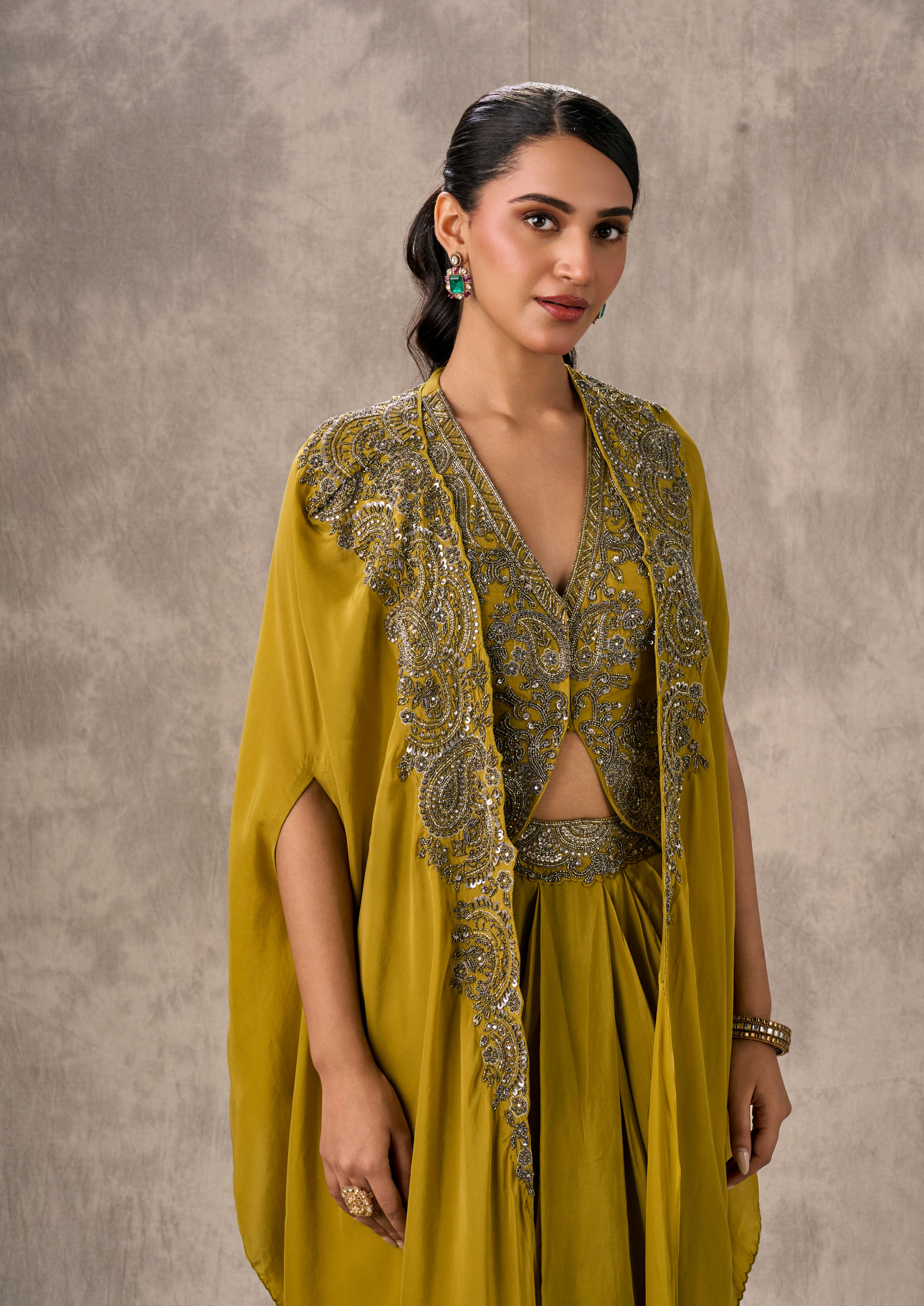 Twamev Women Green Satin Ensemble Indo Western