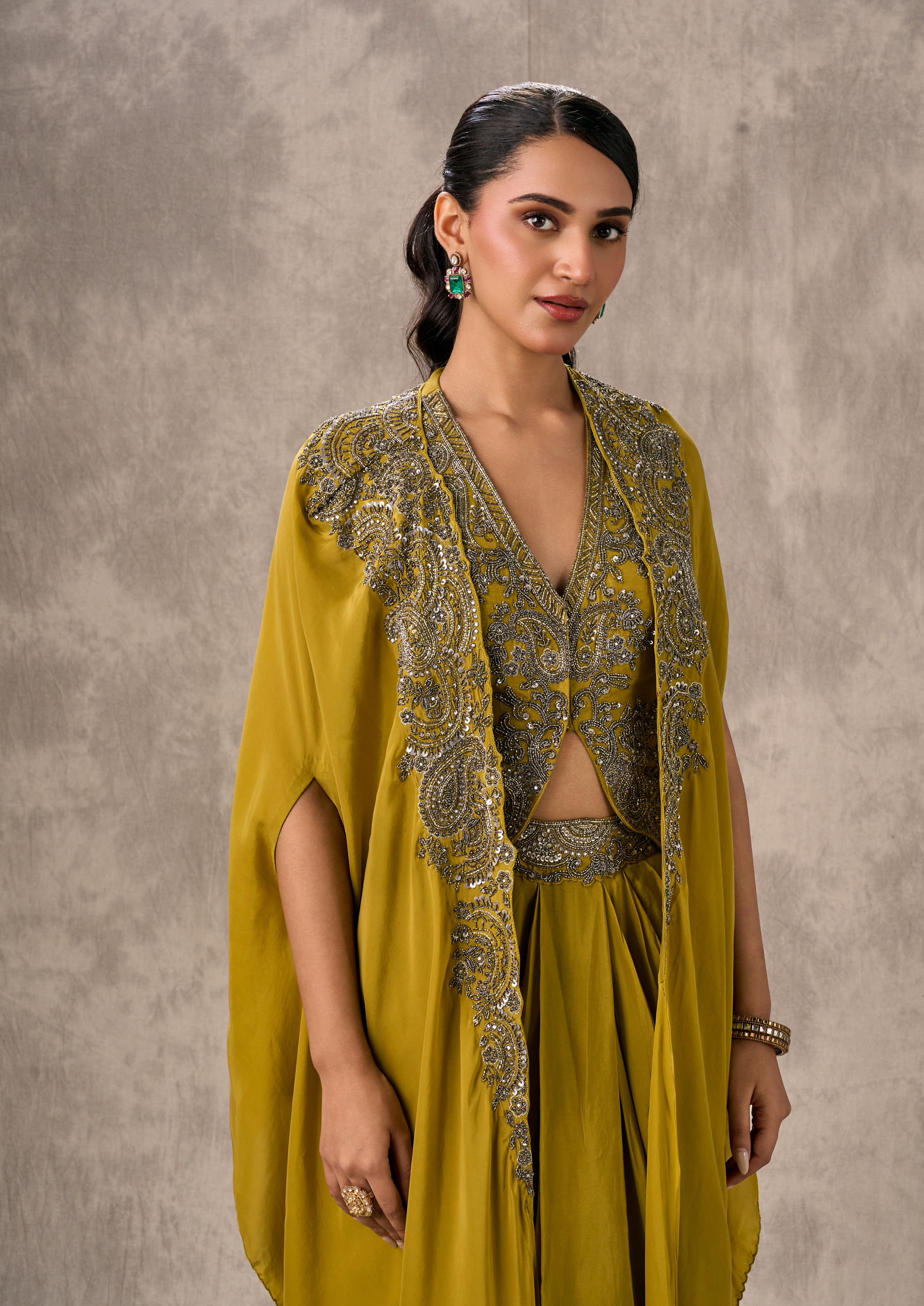 Twamev Women Green Satin Ensemble Indo Western