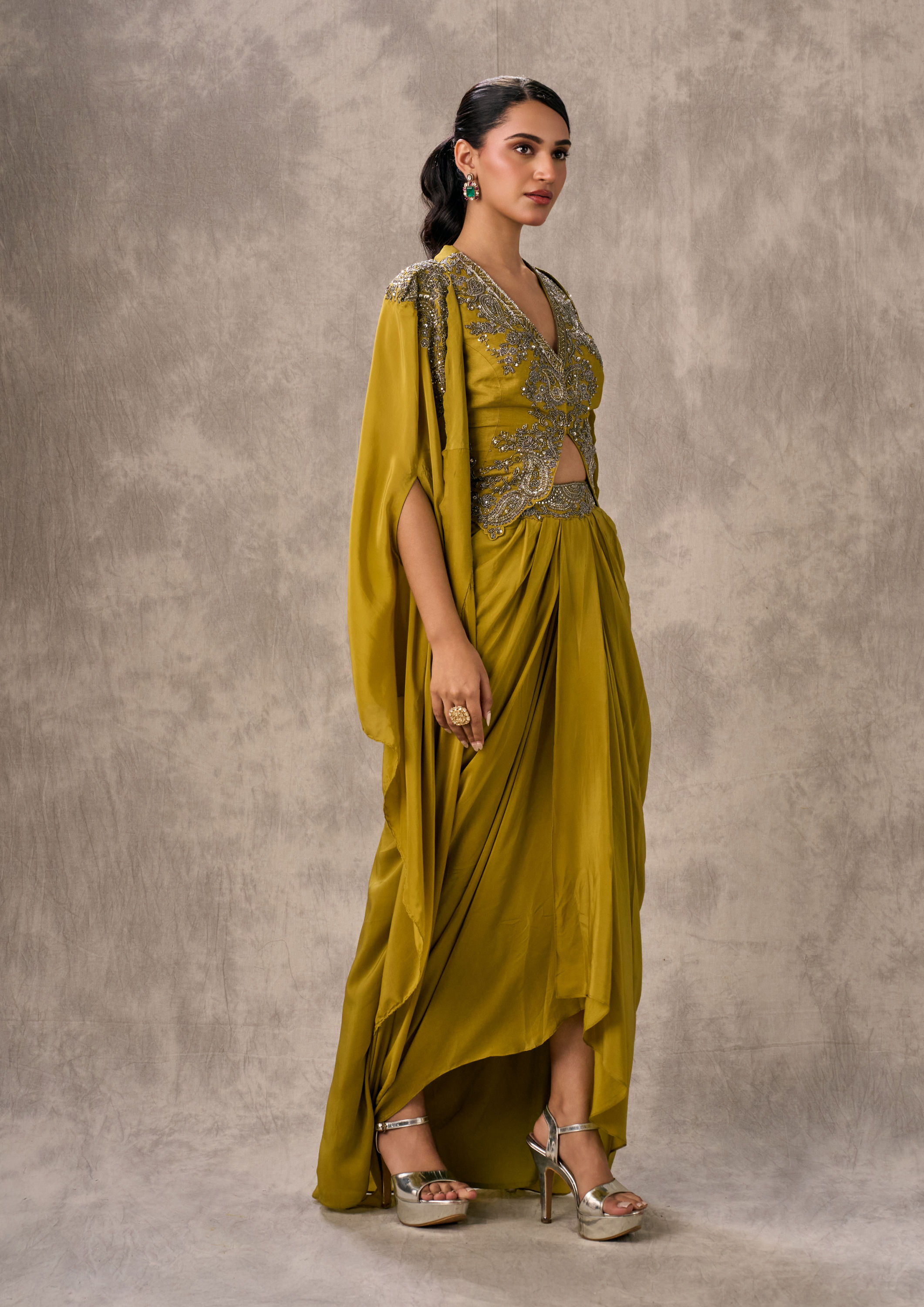 Twamev Women Green Satin Ensemble Indo Western