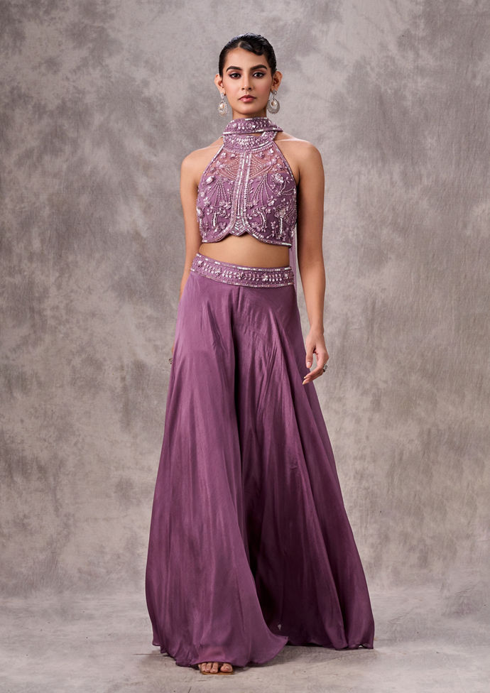 Twamev Women Purple Silk Embroidered Halter Top Dupatta Sharara Set
