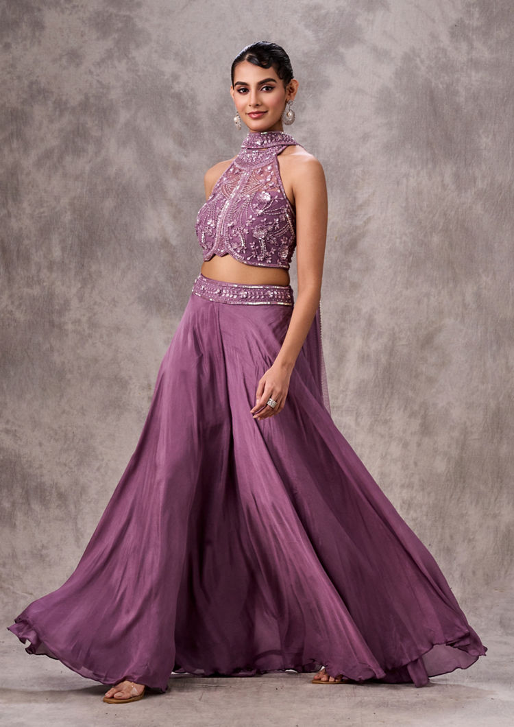 Twamev Women Purple Silk Embroidered Halter Top Dupatta Sharara Set