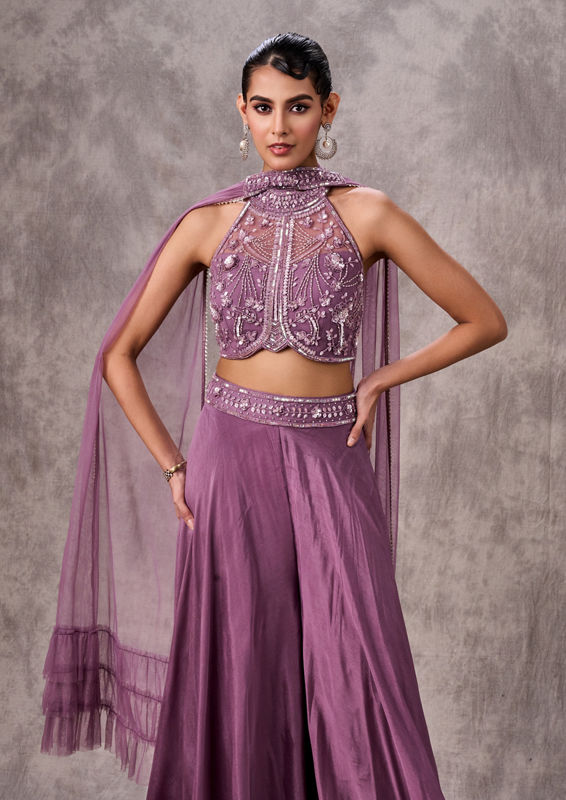 Twamev Women Purple Silk Embroidered Halter Top Dupatta Sharara Set