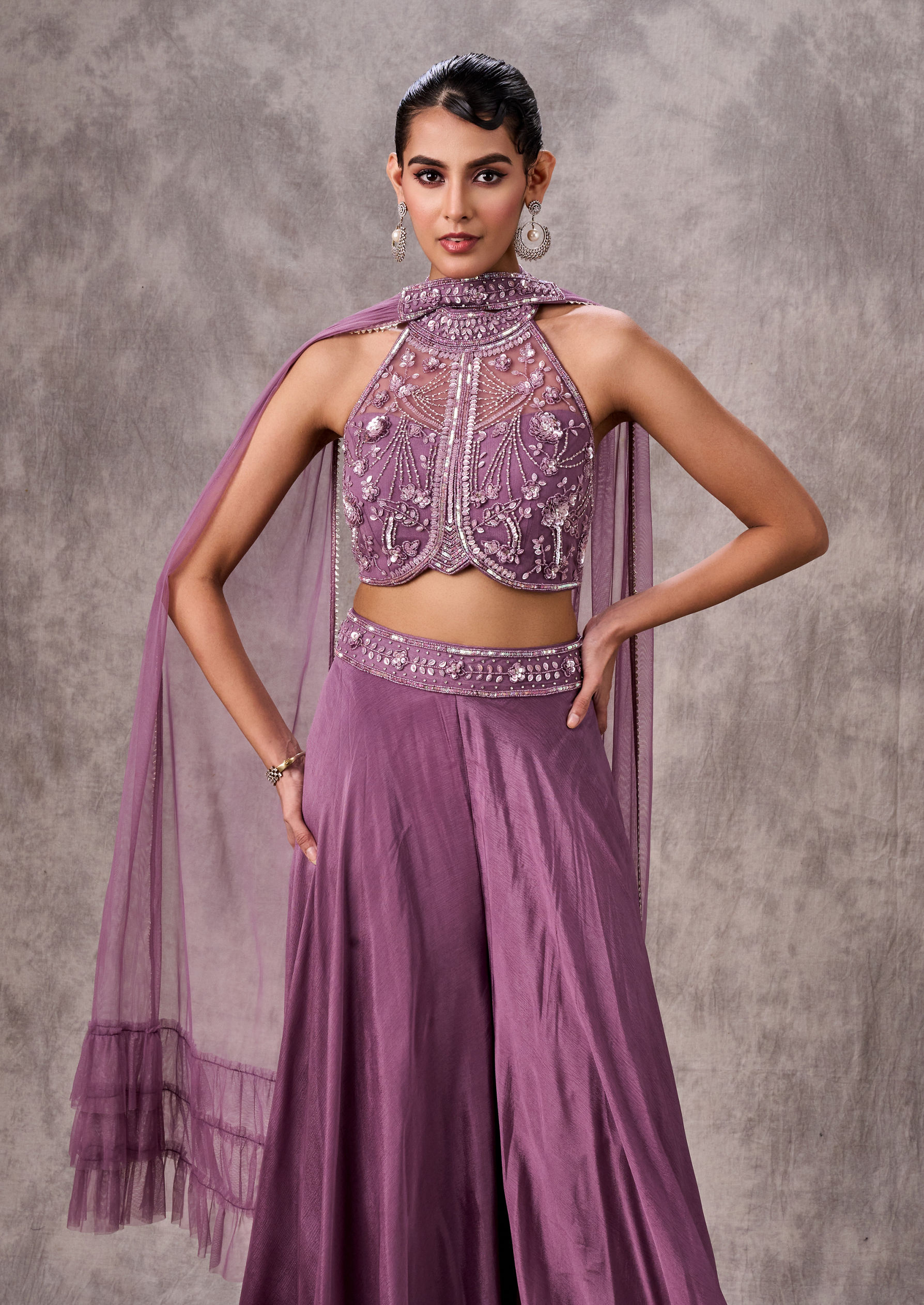 Twamev Women Purple Silk Embroidered Halter Top Dupatta Sharara Set