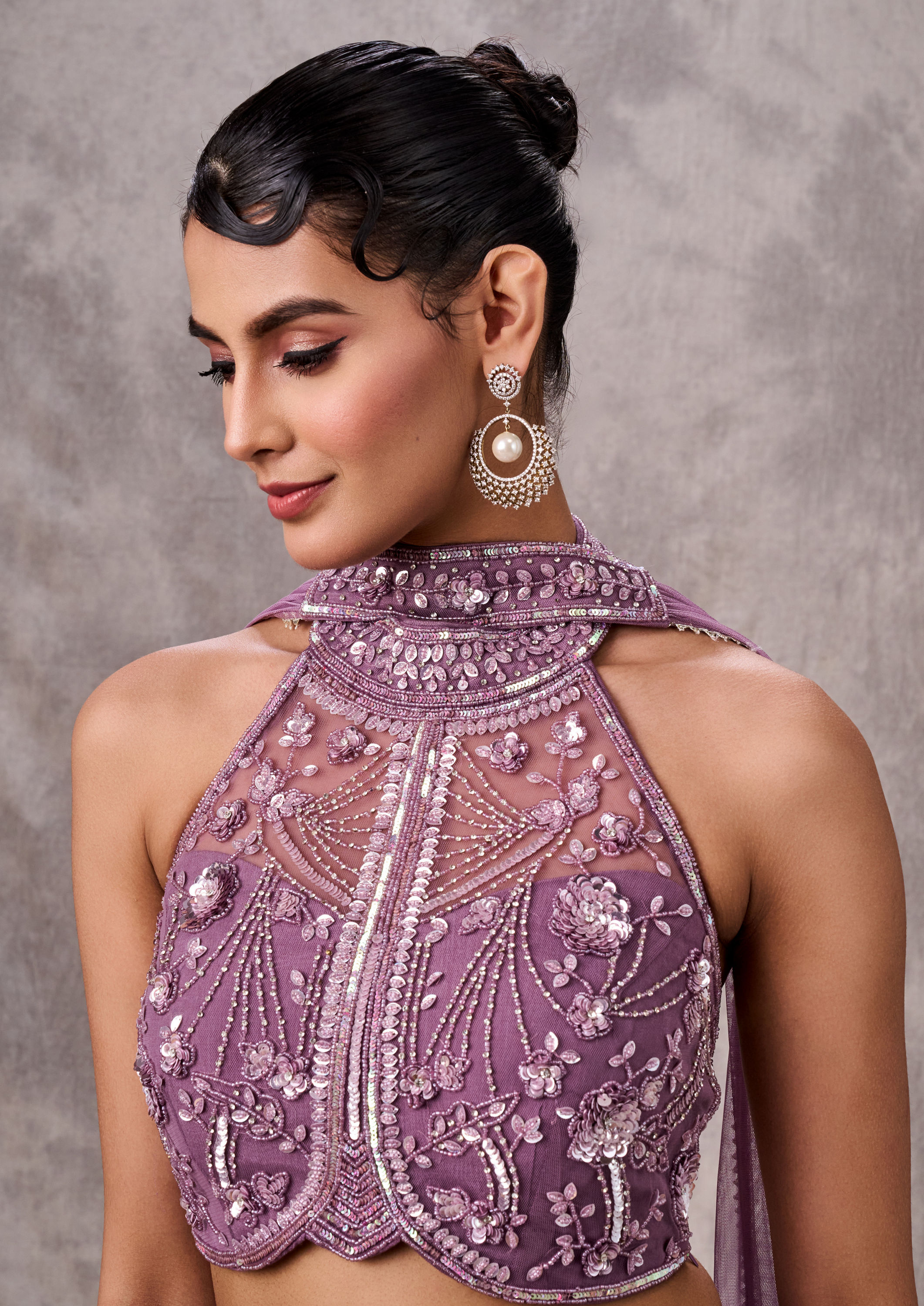 Twamev Women Purple Silk Embroidered Halter Top Dupatta Sharara Set