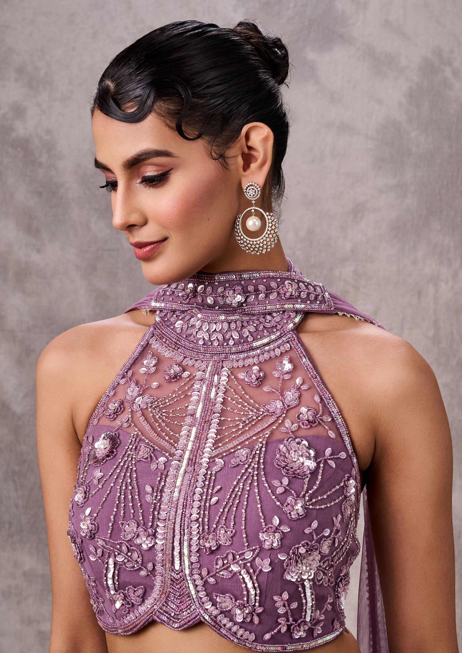 Twamev Women Purple Silk Embroidered Halter Top Dupatta Sharara Set