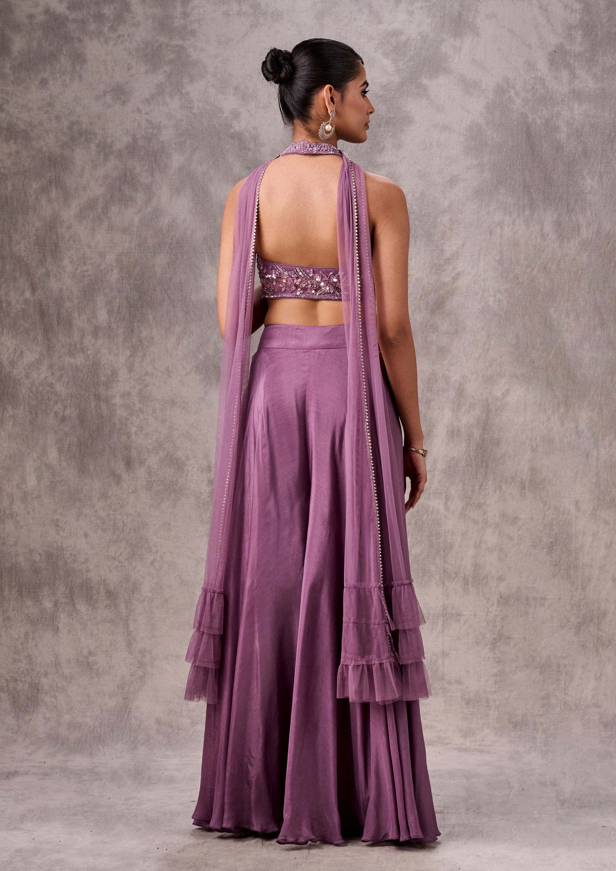 Twamev Women Purple Silk Embroidered Halter Top Dupatta Sharara Set