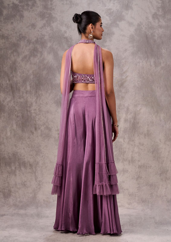 Twamev Women Purple Silk Embroidered Halter Top Dupatta Sharara Set