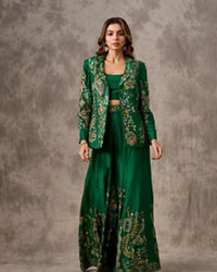 Twamev Women Glowing Green Silk Ensemble Indo Western