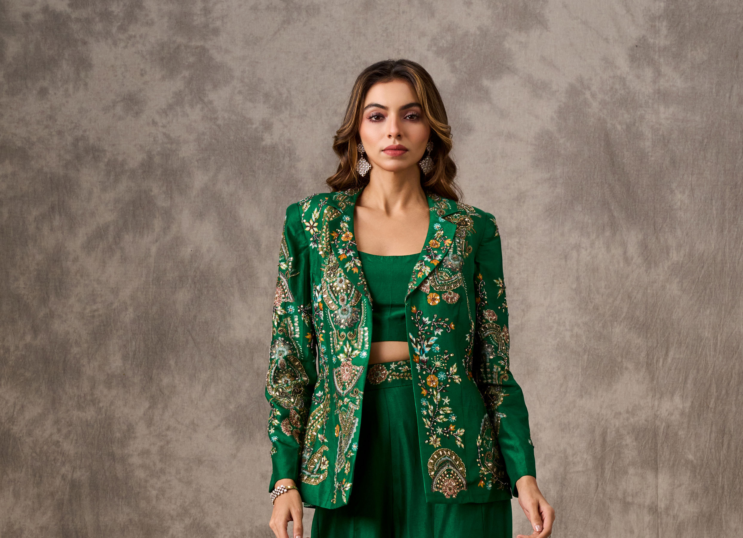 Twamev Women Glowing Green Silk Ensemble Indo Western