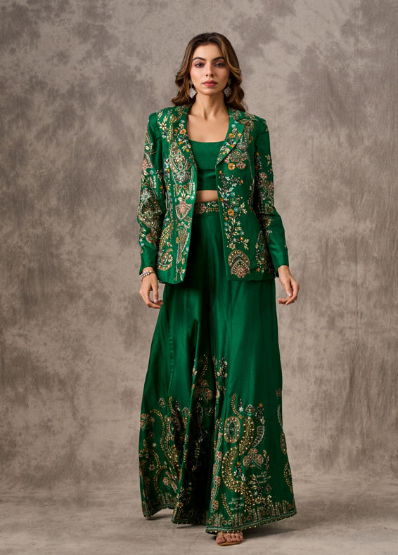 Twamev Women Glowing Green Silk Ensemble Indo Western