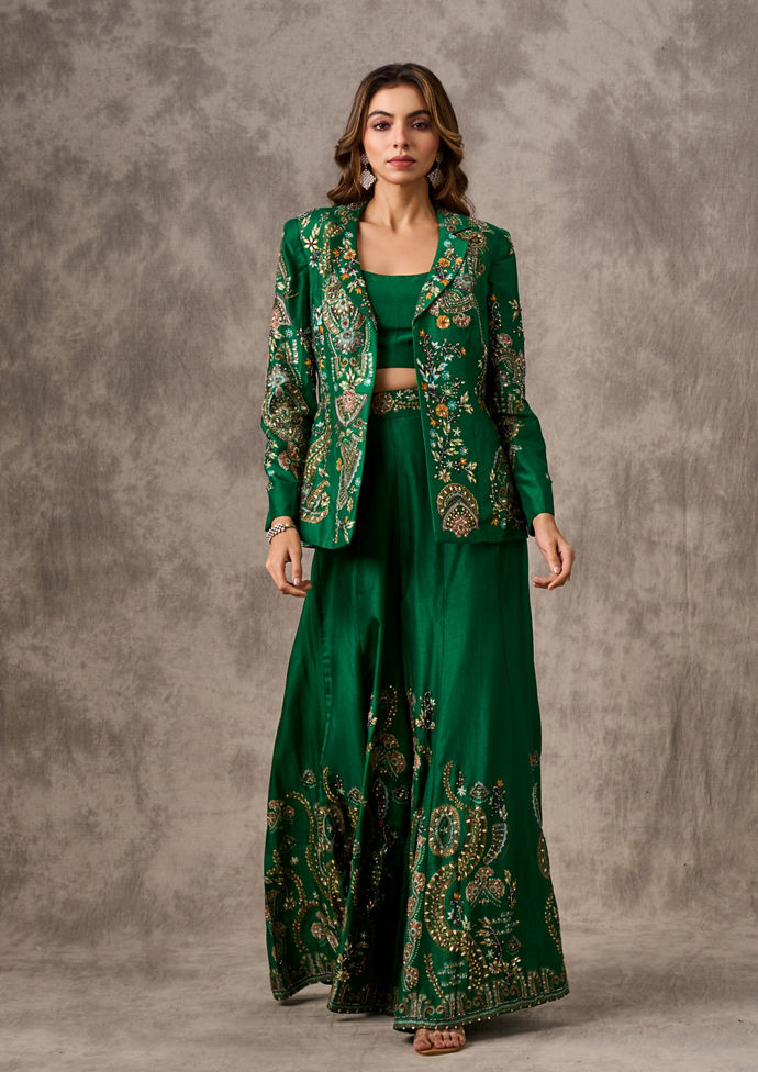 Twamev Women Glowing Green Silk Ensemble Indo Western