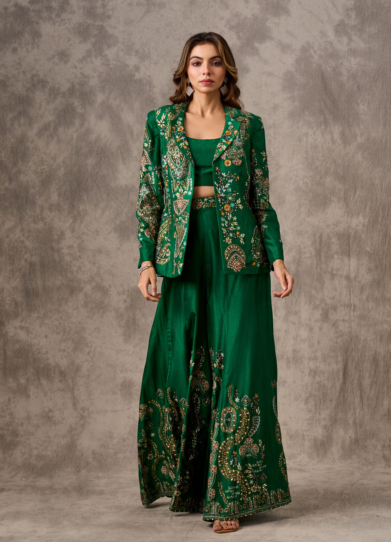 Twamev Women Glowing Green Silk Ensemble Indo Western