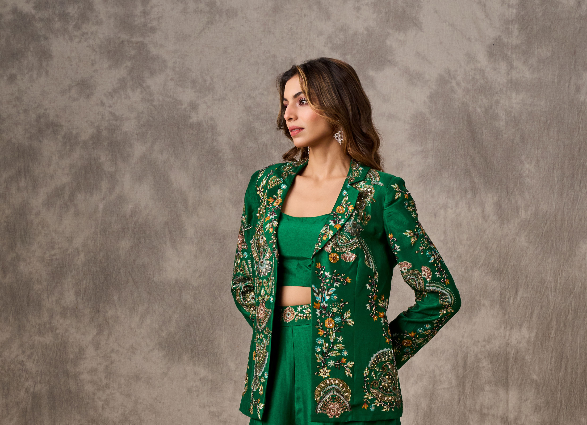 Twamev Women Glowing Green Silk Ensemble Indo Western