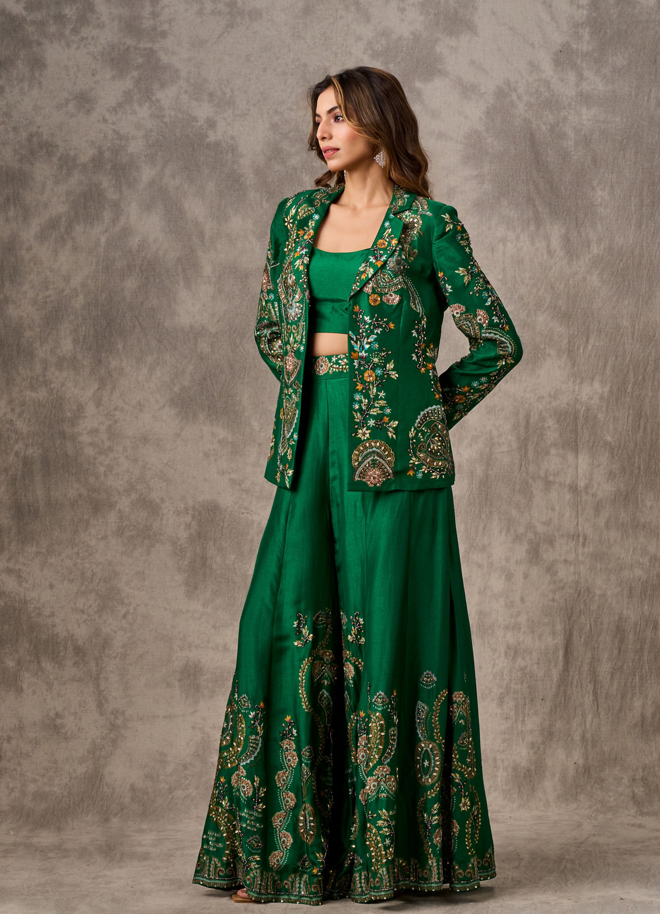 Twamev Women Glowing Green Silk Ensemble Indo Western