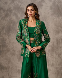 Twamev Women Glowing Green Silk Ensemble Indo Western