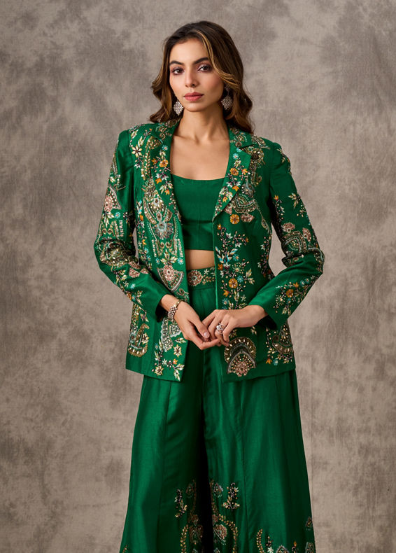 Twamev Women Glowing Green Silk Ensemble Indo Western