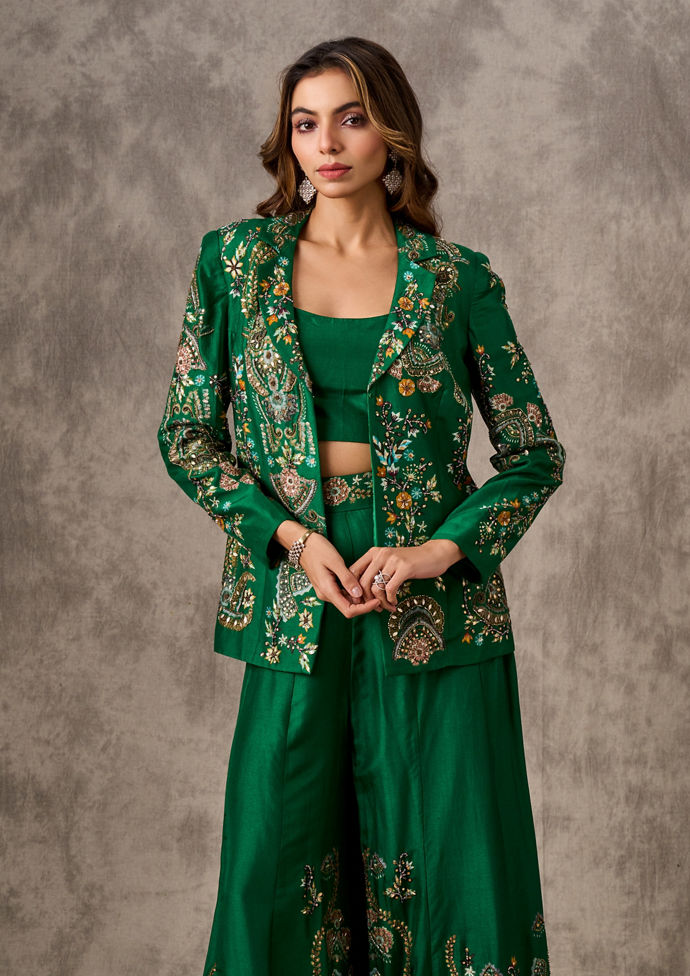 Twamev Women Glowing Green Silk Ensemble Indo Western