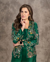Twamev Women Emerald Green Silk Print Embroidered Pantsuit