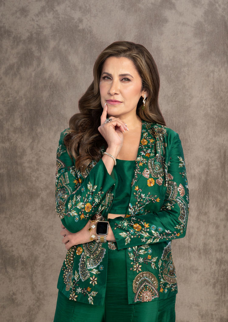 Twamev Women Glowing Green Silk Ensemble Indo Western