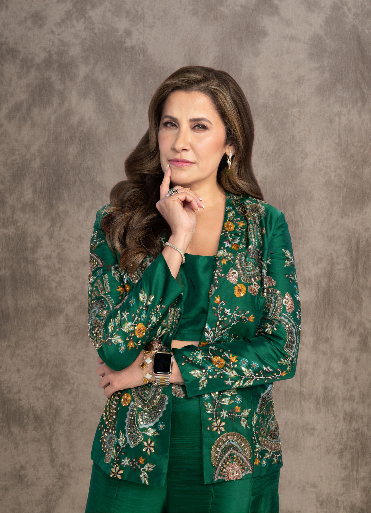 Twamev Women Emerald Green Silk Print Embroidered Pantsuit