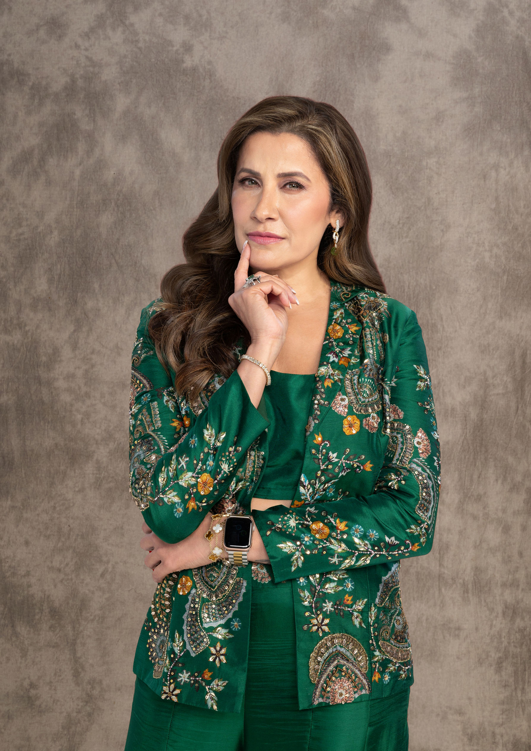 Twamev Women Glowing Green Silk Ensemble Indo Western