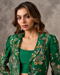 Twamev Women Glowing Green Silk Ensemble Indo Western