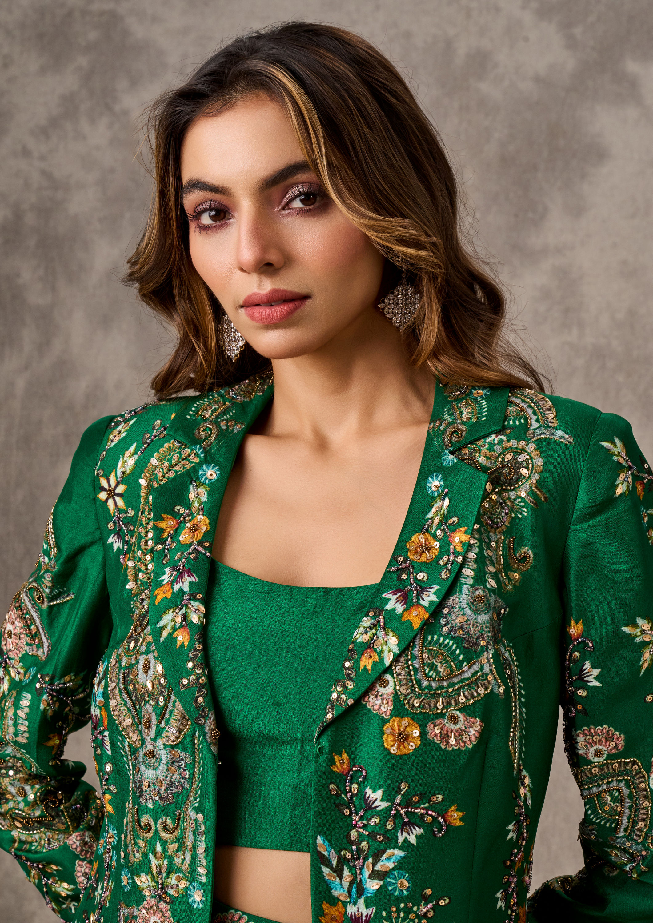 Twamev Women Glowing Green Silk Ensemble Indo Western