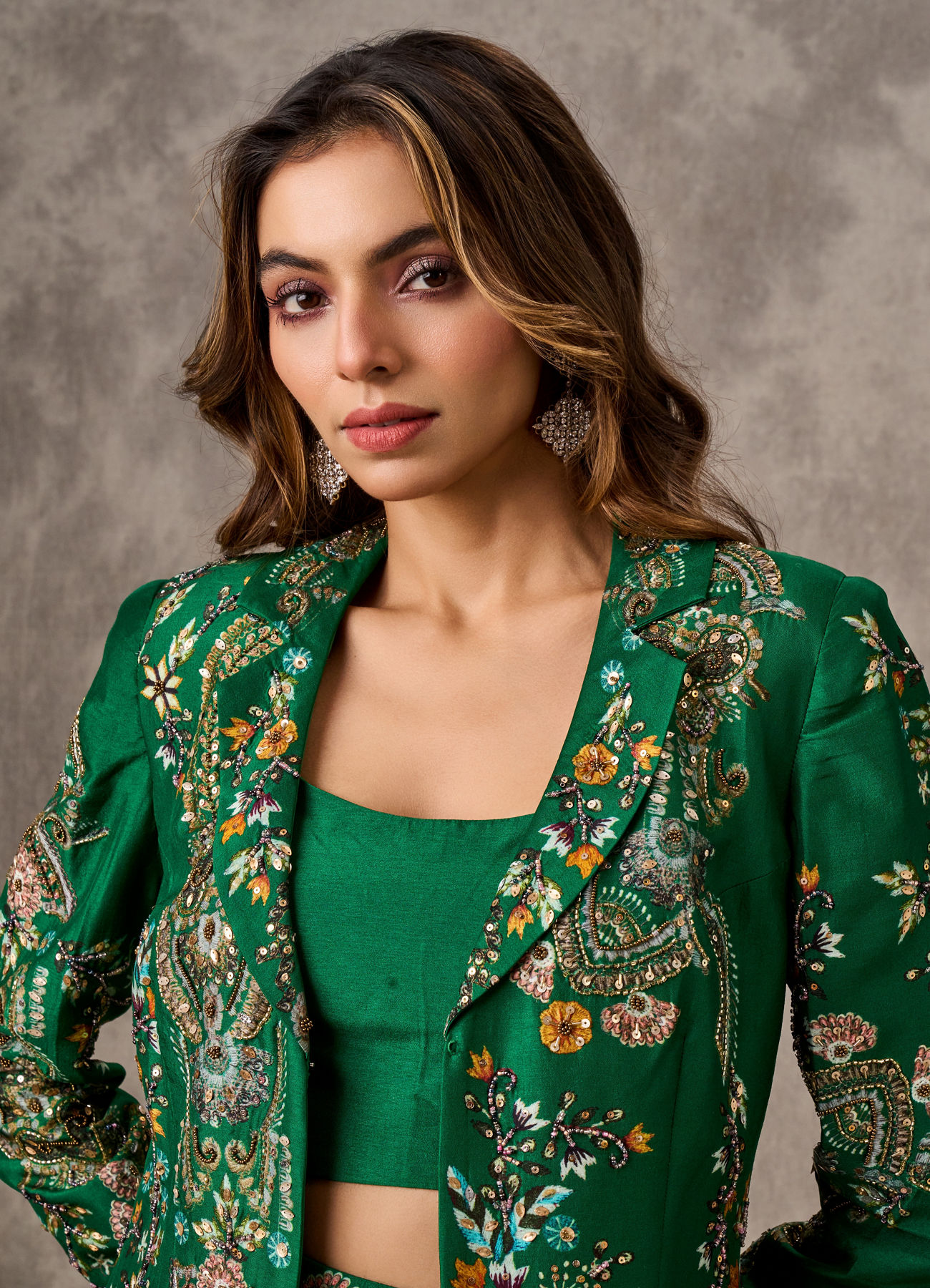 Twamev Women Glowing Green Silk Ensemble Indo Western