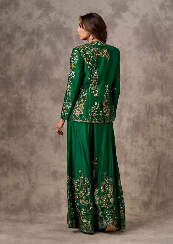 Twamev Women Glowing Green Silk Ensemble Indo Western