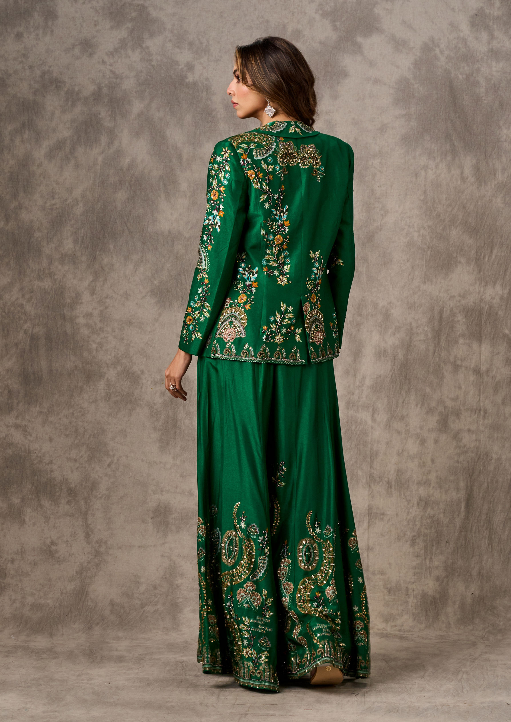 Twamev Women Glowing Green Silk Ensemble Indo Western