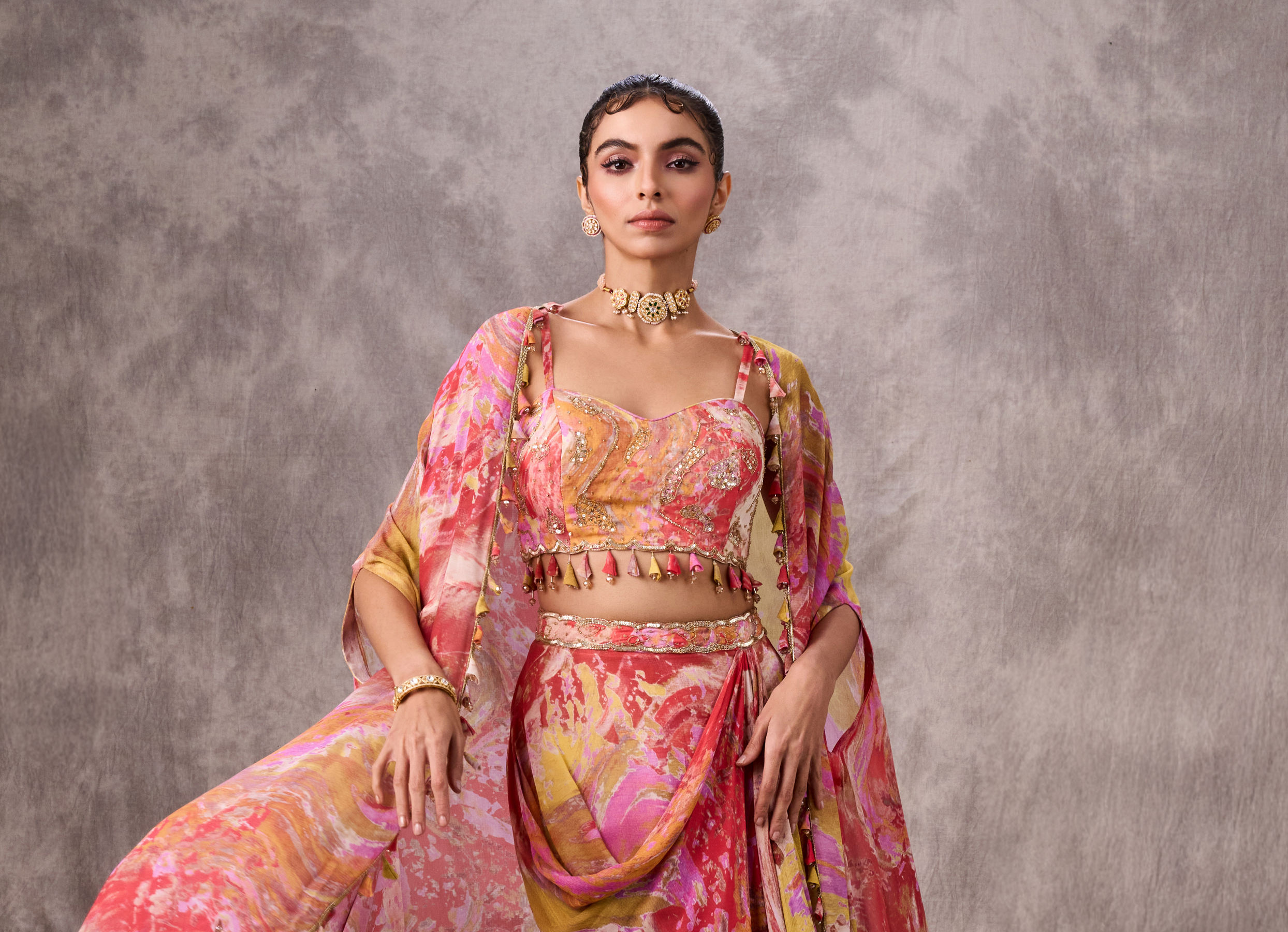 Buy Pink Silk Marble Print Embellished Cape Croptop Draped Skirt Set ...