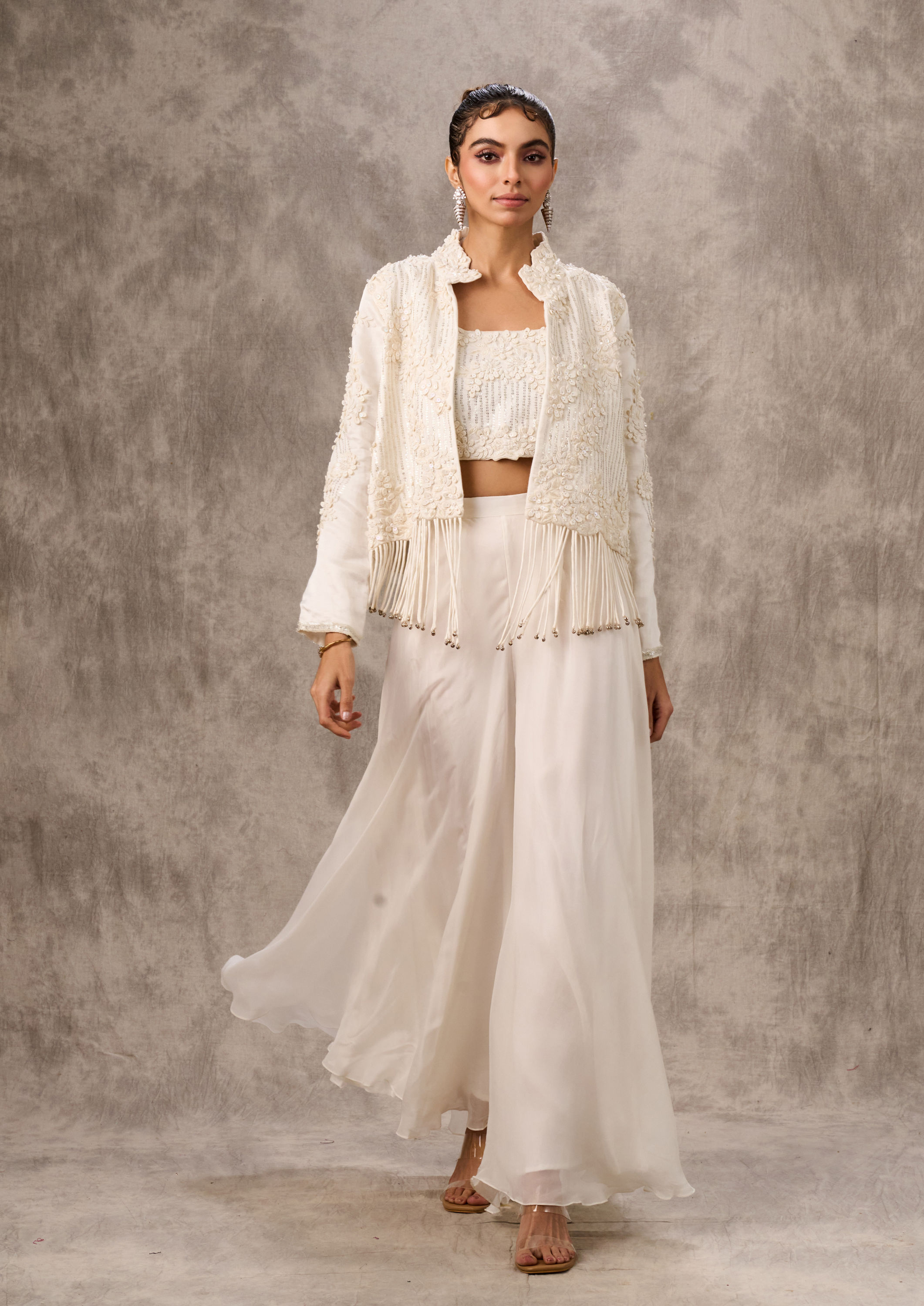 Twamev Women Ivory Silk Floral Tassel Jacket With Sharara