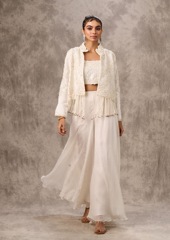 Twamev Women Ivory Silk Floral Tassel Jacket With Sharara