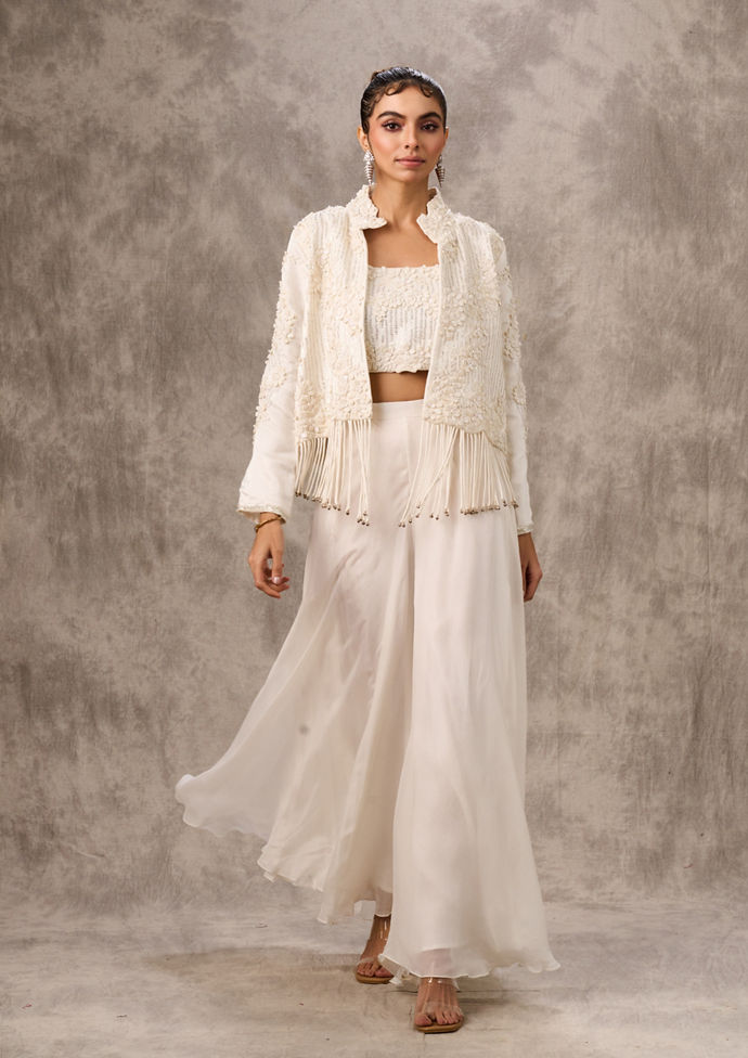 Twamev Women Ivory Silk Floral Tassel Jacket With Sharara
