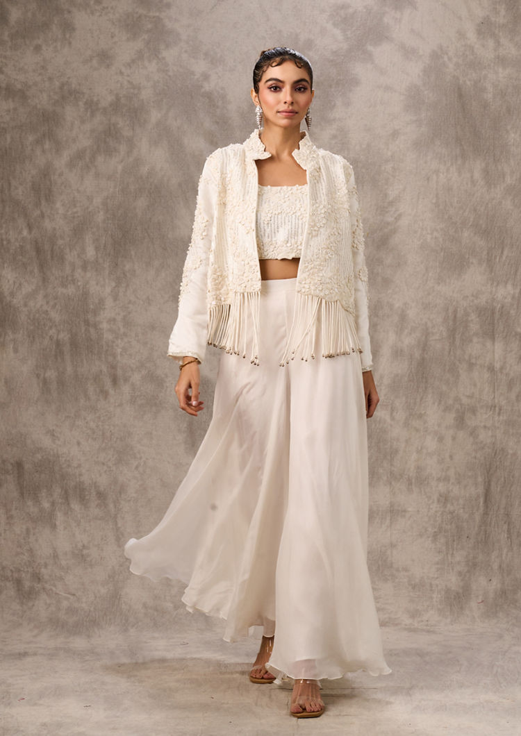Twamev Women Ivory Silk Floral Tassel Jacket With Sharara